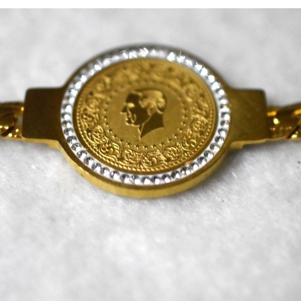 Retro Stainless Steel Gold Tone Caesar Coin Rhinestone Accent 7.5" Bracelet - Picture 2 of 4